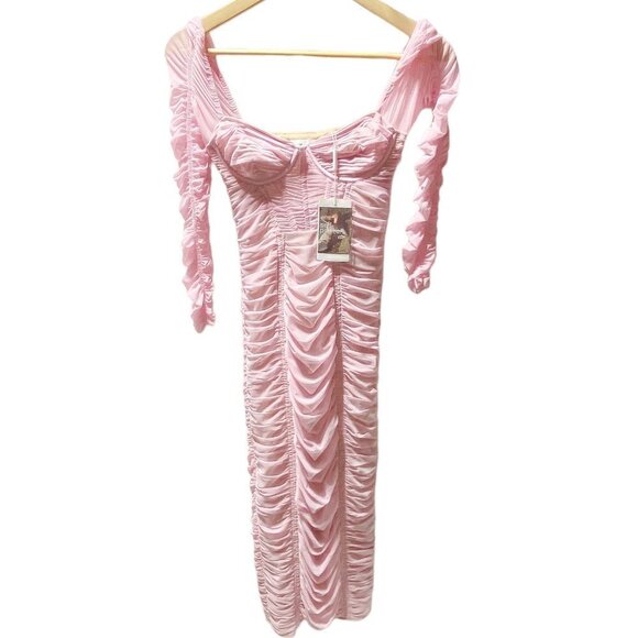 NEW! Self Portrait Pink Power Mesh Long Sleeve Midi Dress Pink - Picture 9 of 11